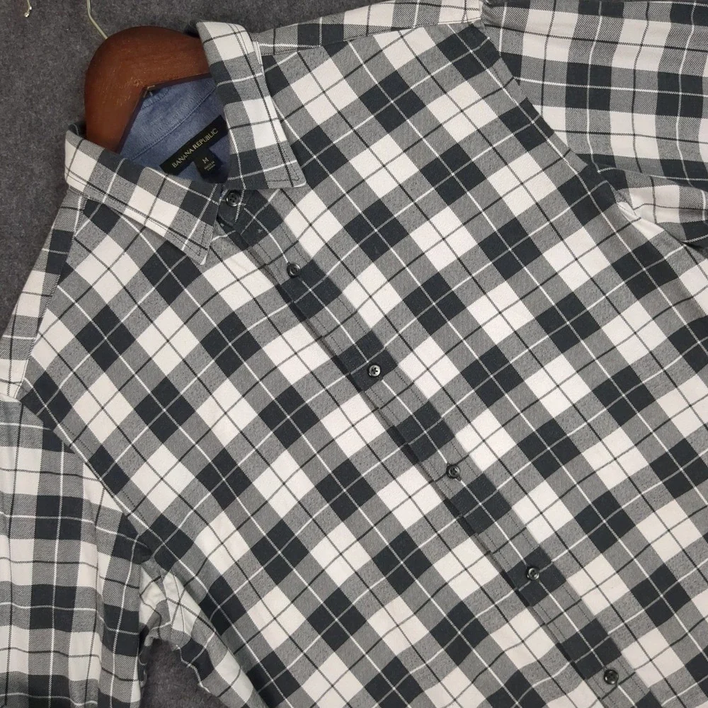 Banana Republic‎ Mens Plaid Button Front Shirt Black White Check Long Sleeve M